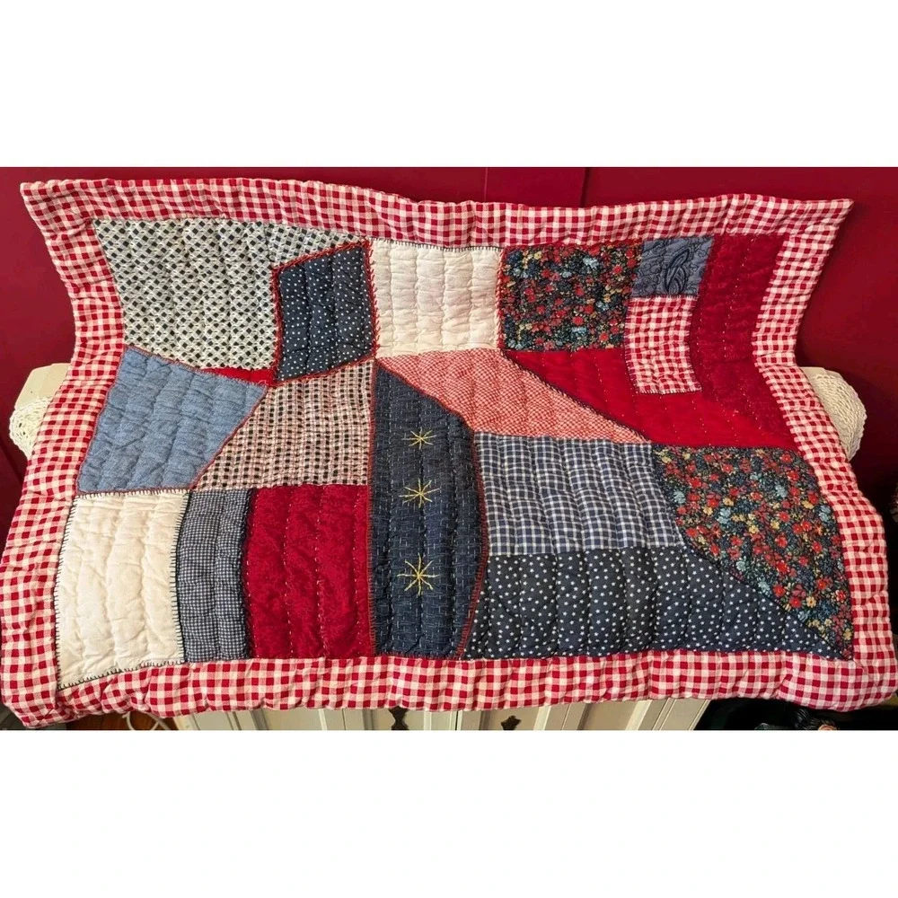 pair of 2 Quilted patchwork shams red checkered standard Cotton pillow cases